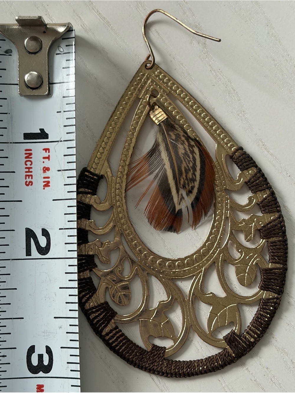 Gold Teardrop Filigree & Feather Dangle Earrings - Picture 3 of 5